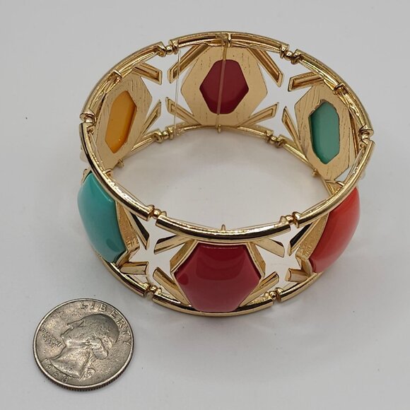 Boho Modern Chic Stmt GoldTone Red/Yellow/Aqua Gem Geometric Bangle Bracelet - Picture 10 of 13